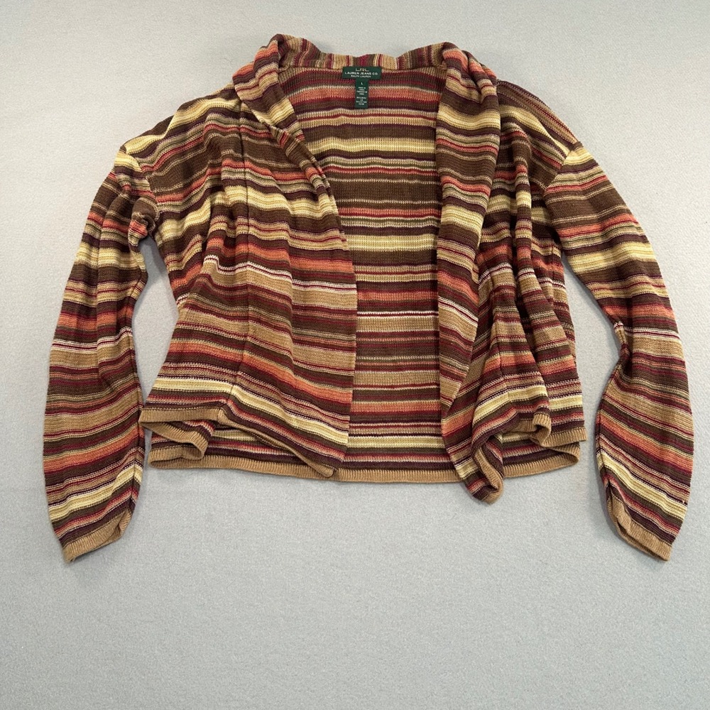 Lauren Ralph Lauren Cardigan Women L Striped Linen Cotton Open Front Y2K